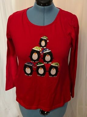 Kim Rogers Red Long Sleeve Tee with Festive Penguin Appliqué